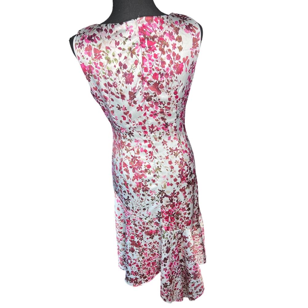 Taylor Floral Satin Midi Dress Women 4 pink Ruched Asymmetrical Handkerchief Hem - Picture 3 of 10
